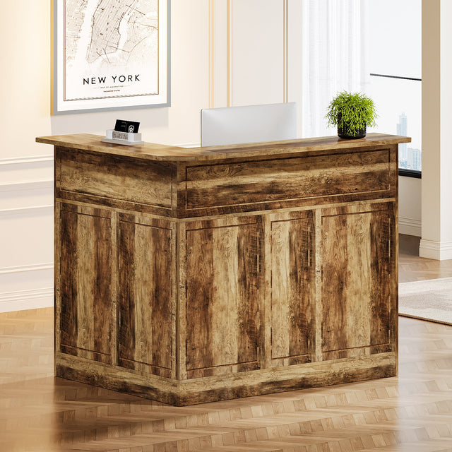 Brown L-Shaped Reception Desk with storage shelves