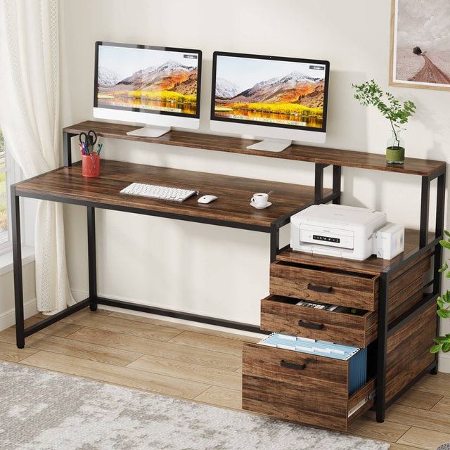 63 inch Ergonomic Computer Desk with drawers and monitor stand Rustic Brown