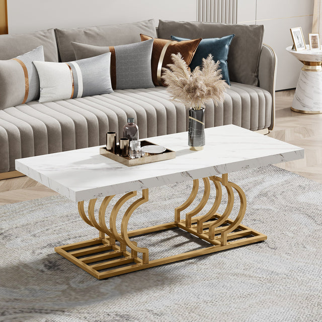 47 inch Faux Marble Coffee Table White Gold geometric frame