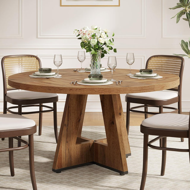 47-Inch Round Farmhouse Dining Table for 4–6 with Cross-Style Pedestal Base