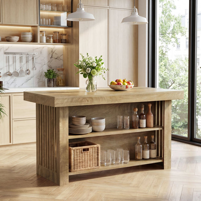 63 inch Farmhouse Island Table Large Kitchen Counter Open Shelves Dining Room