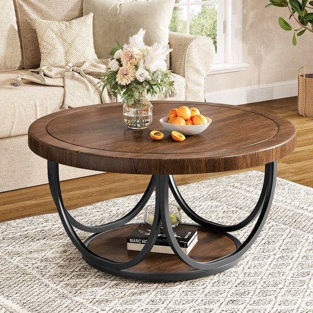 31.5 inch round coffee table brown and black with storage shelf