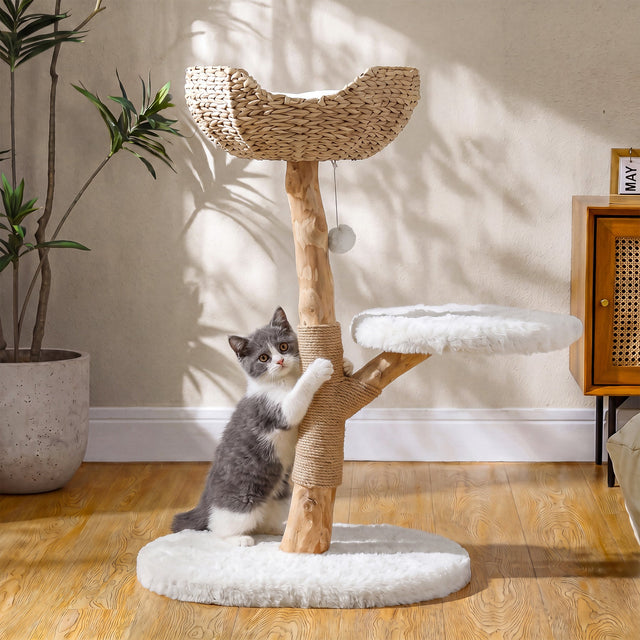 35 inch Boho Solid Wood Cat Tree Cat Ear Wicker Basket Bed main
