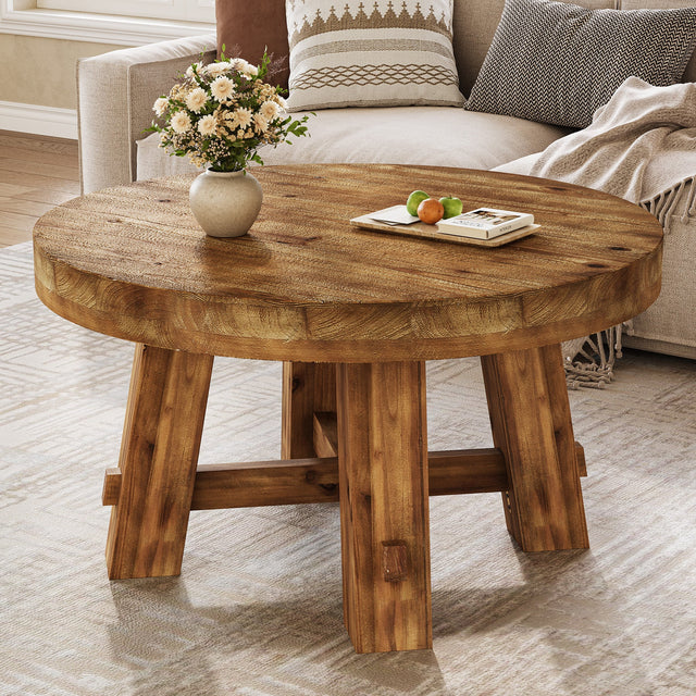31.5 inch Round Solid Wood Coffee Table Rustic Brown