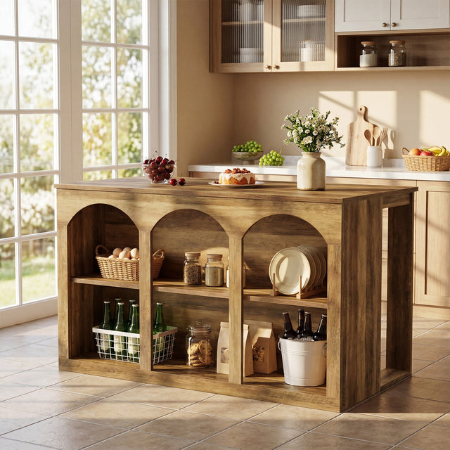 Wooden Kitchen Island 55 inch Counter Height Coffee Bar Table 2-Tier Shelves