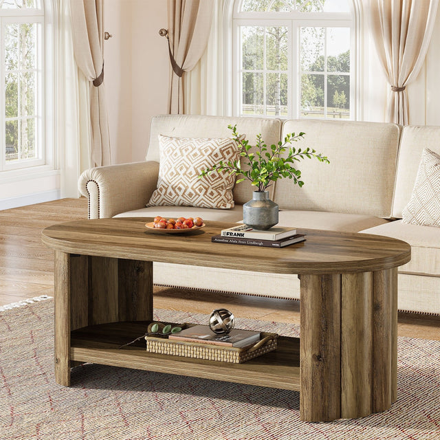 47.24 inch Oval Coffee Table 2-Tier fluted base brown