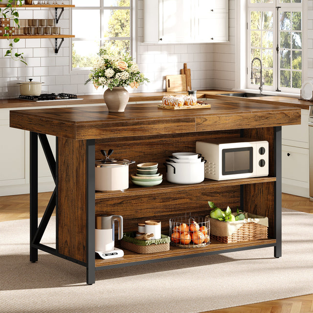 55 inch Kitchen Island 3-Tier Stationary Island Table Metal Frame