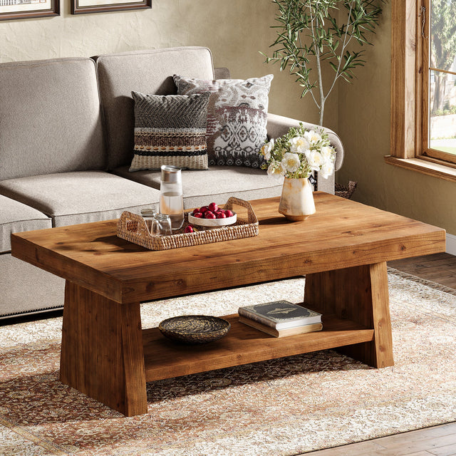 2-Tier Solid Wood Coffee Table 47 inch Dark Brown farmhouse