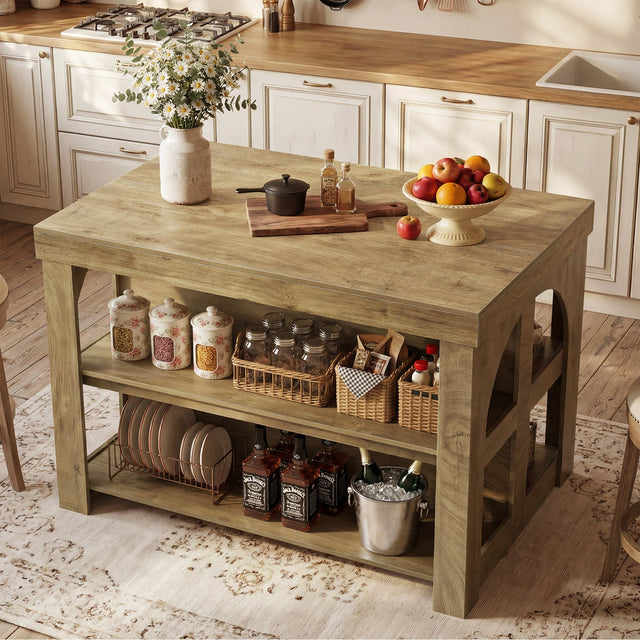 55 inch Kitchen Island with Storage Large Stationary Island Bar Table 3 Shelves