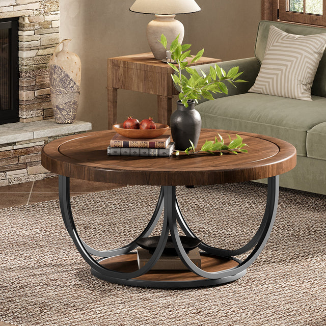 Round coffee table lower shelf storage close-up