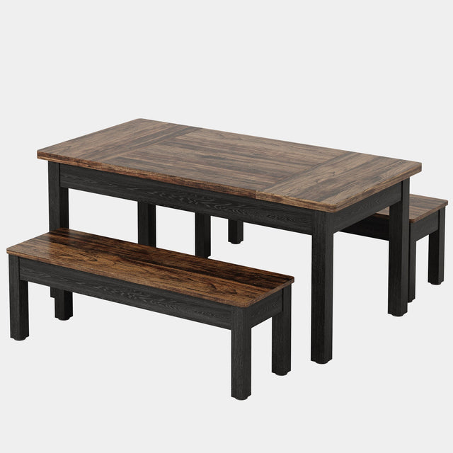 55" Dining Table Set, 3 Pieces Wood Kitchen Table with 2 Benches