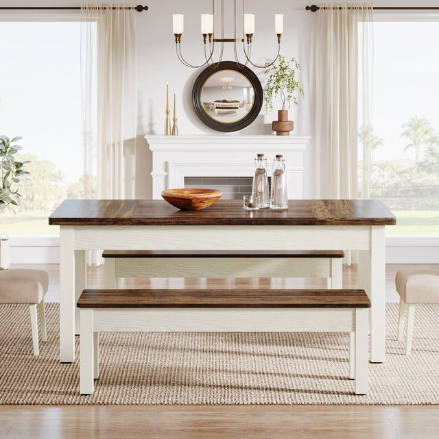 55" Dining Table Set, 3 Pieces Wood Kitchen Table with 2 Benches