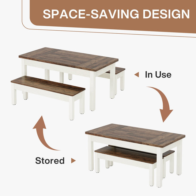 55" Dining Table Set, 3 Pieces Wood Kitchen Table with 2 Benches