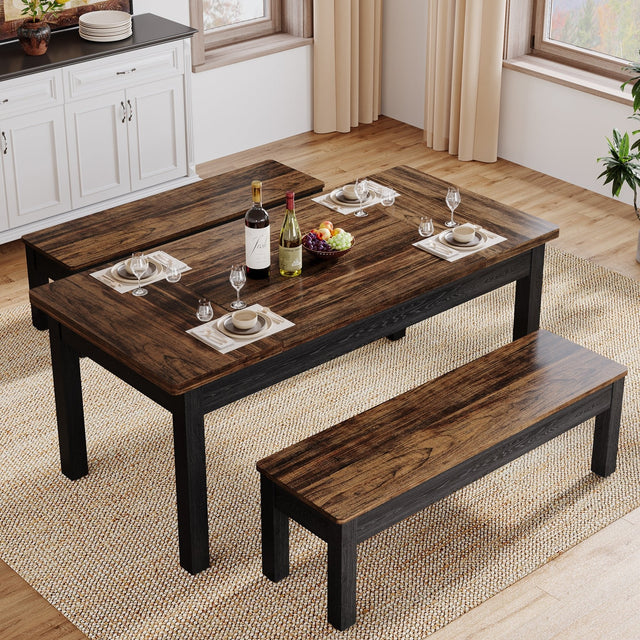 55" Dining Table Set, 3 Pieces Wood Kitchen Table with 2 Benches