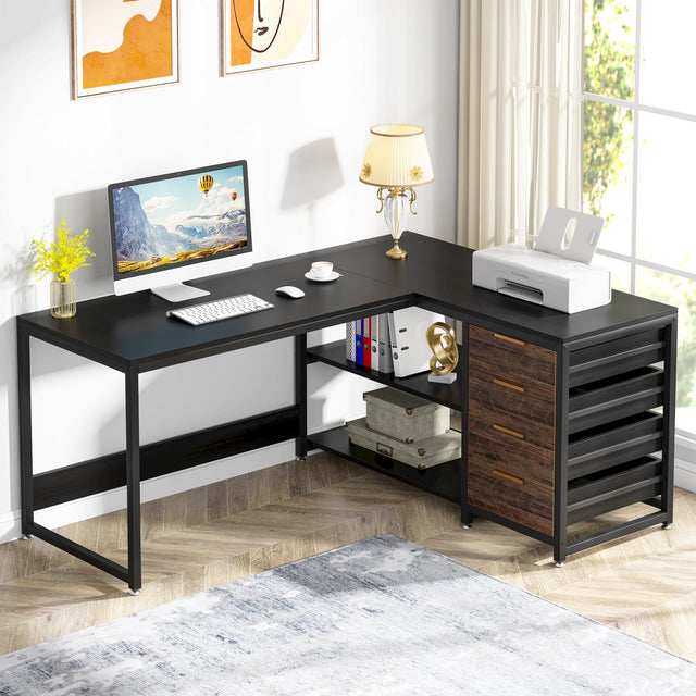 59 inch L-Shaped Reversible Corner Desk with 4 drawers and shelves Gray