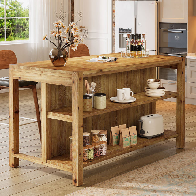 59 inch Farmhouse Kitchen Island Solid Wood Dining Prep Table 2 Open Storage Shelves