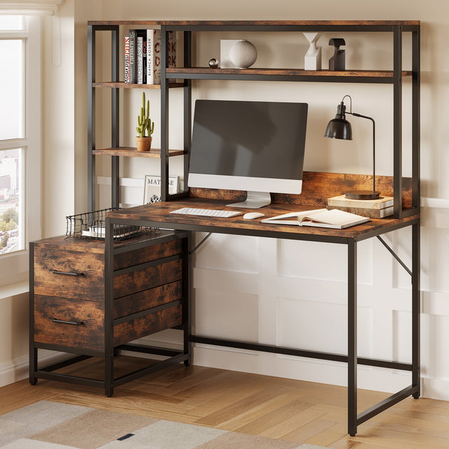 60 inch Tall Computer Desk with 2 drawers and storage shelves hutch lifestyle
