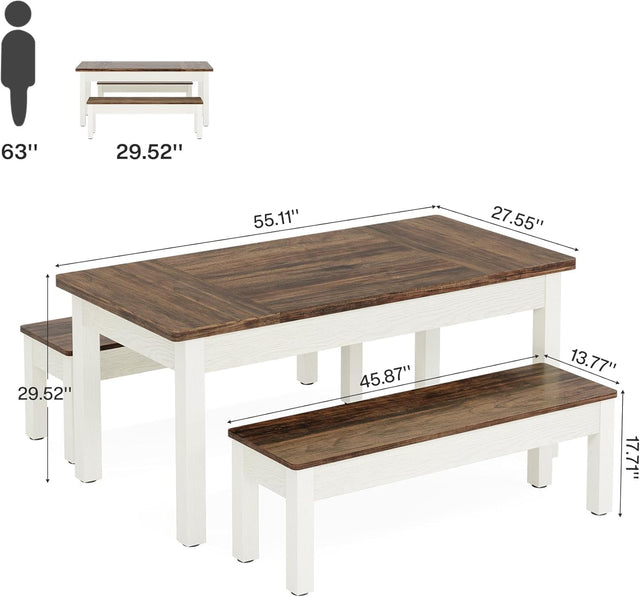 55" Farmhouse Kitchen Table Set for 4–6 People, 3 Piece Space Saving Dining Table with 2 Benches