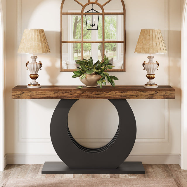 63 inch Rustic Sofa Table black metal base detail