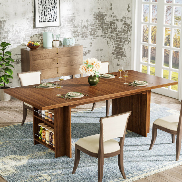 63" Farmhouse Dining Table Wooden Kitchen Table with Shelves for 6 to 8