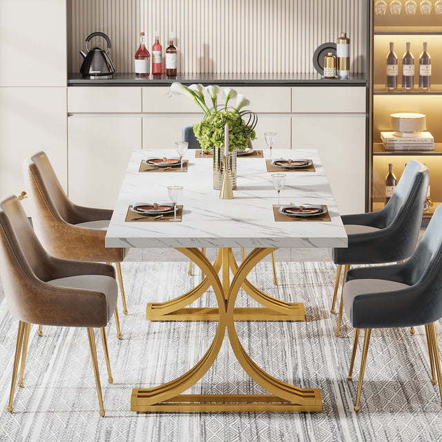 63" Modern Dining Table with Faux Marble Tabletop & Metal Legs