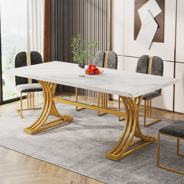 63" Modern Dining Table with Faux Marble Tabletop & Metal Legs