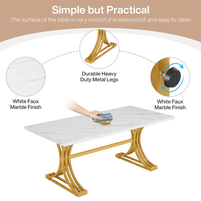 63" Modern Dining Table with Faux Marble Tabletop & Metal Legs