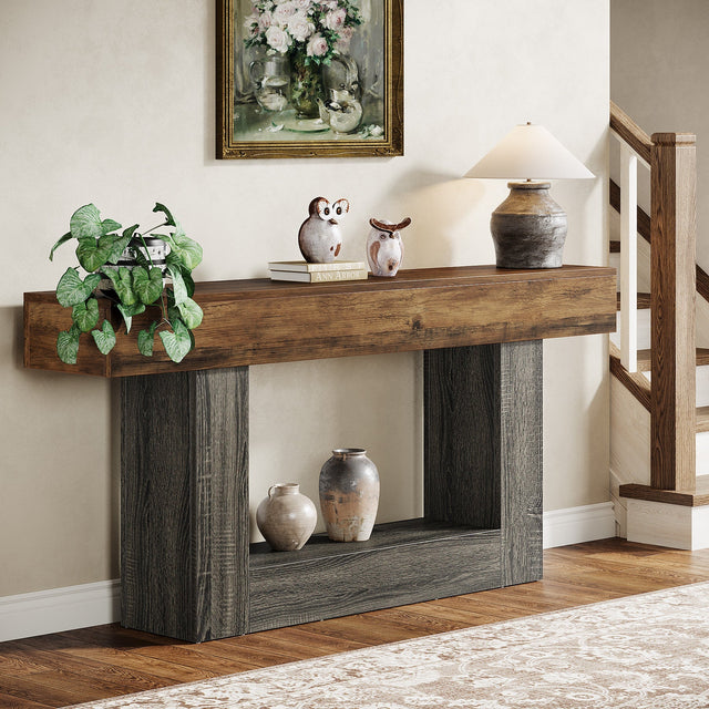 63 inch Wooden Console Table Farmhouse 2-Tier rustic two-tone