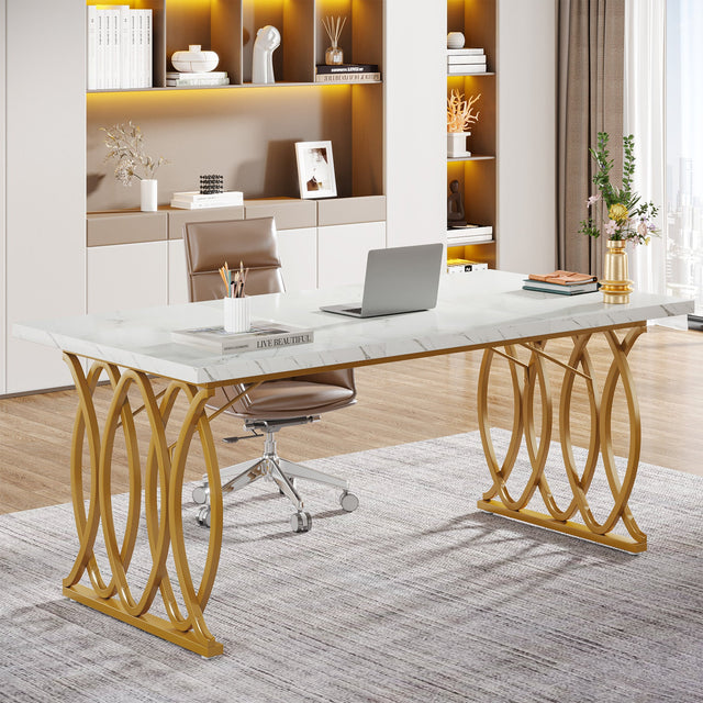 63 inch Faux Marble Executive Desk white and gold geometric legs lifestyle