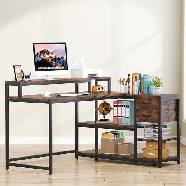 Industrial corner desk drawer and shelf storage
