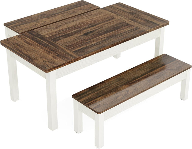 55" Farmhouse Kitchen Table Set for 4–6 People, 3 Piece Space Saving Dining Table with 2 Benches