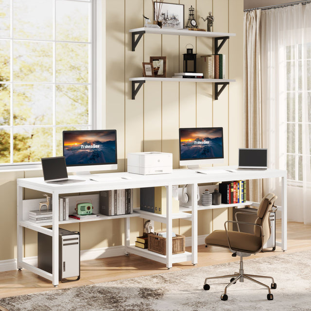 78.74 inch Extra Long Two Person Desk with storage shelves rustic brown