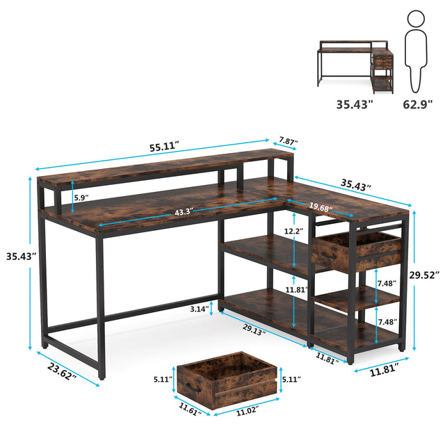 L-shaped corner desk monitor stand and shelves detail