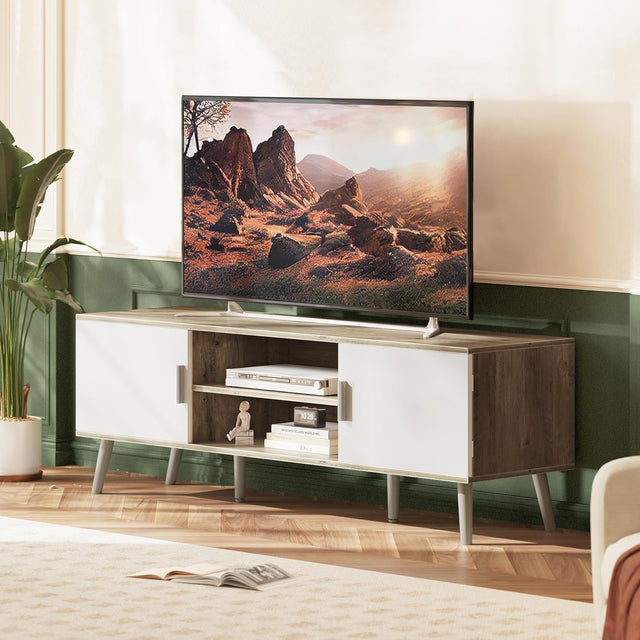 Pozbee TV Console Table entertainment media unit 55 65 inch tv midcentury modern white oak wood stand oJackArt furniture store