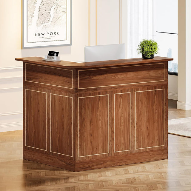 Red Brown L-Shaped Reception Desk with storage shelves