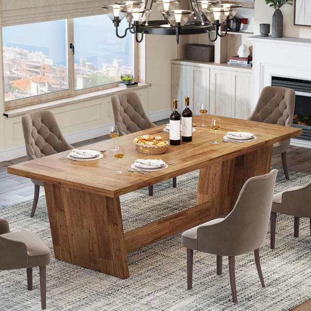 70.87" Rustic Brown Dining Table, Large Farmhouse Rectangular Table with Solid Pedestal Base