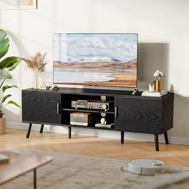Pozbee Black TV Console Table entertainment media unit 55 65 inch tv midcentury modern wood TV stand oJackArt furniture store