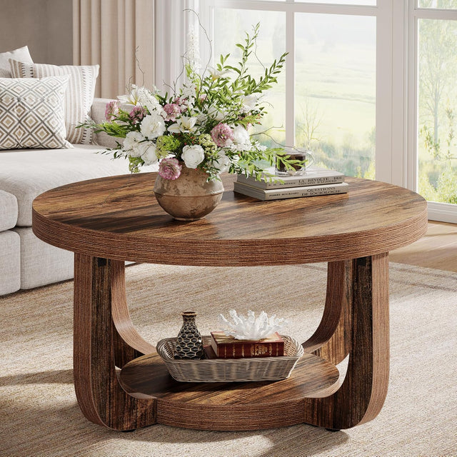 31.5 inch 2-Tier Circle Coffee Table Rustic Brown