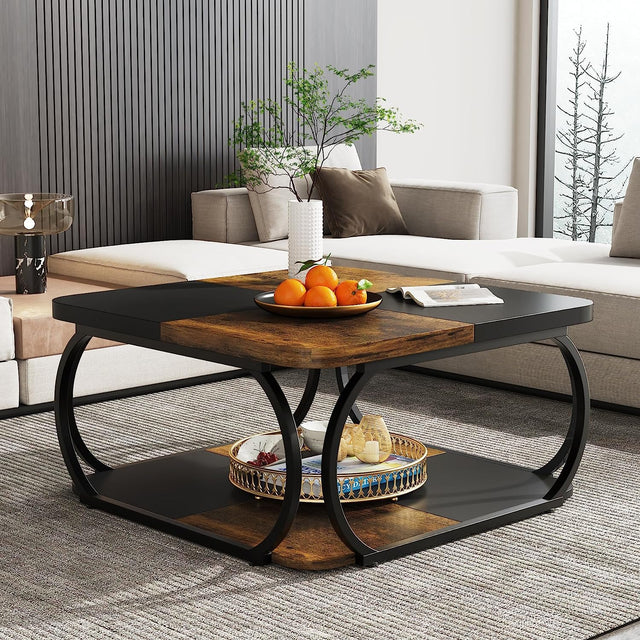 39 inch square coffee table vintage brown and black with 2 tier shelves
