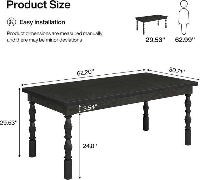 Rectangle Dining Table, 62” Kitchen Table with Carved Turned Legs for 4-6 People