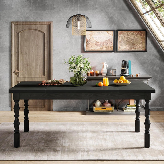 Rectangle Dining Table, 62” Kitchen Table with Carved Turned Legs for 4-6 People