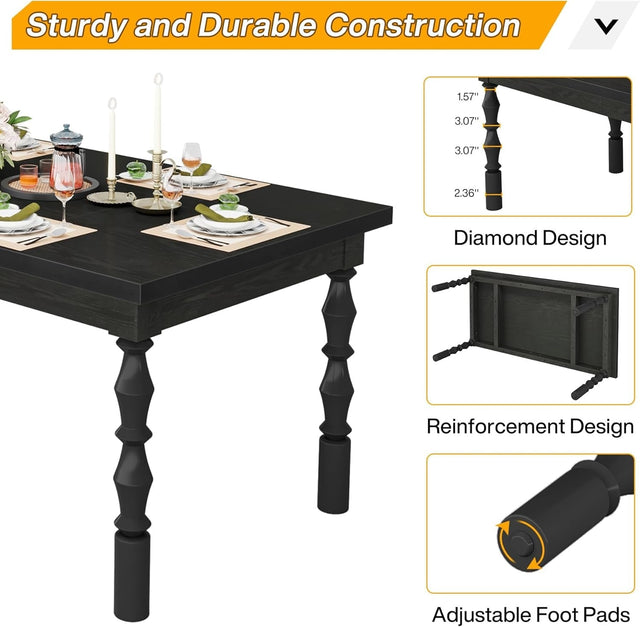 Rectangle Dining Table, 62” Kitchen Table with Carved Turned Legs for 4-6 People