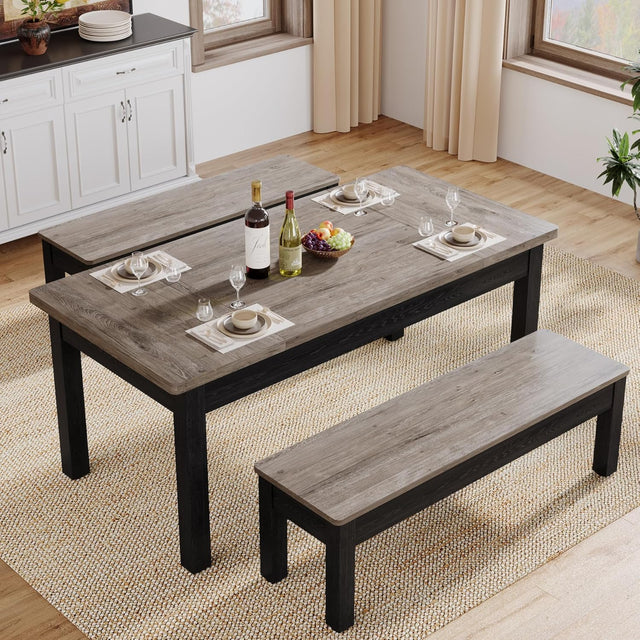 55" Dining Table Set, 3 Pieces Wood Kitchen Table with 2 Benches