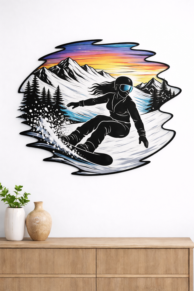 Female Snowboarder Metal Wall Art, Beach Sunset Silhouette, Color Accent Wave Decor, Surfboard Wall Hanging, Modern Mountain Wall Art, Gift for Surfer, Mountain Snowboarder male, Ski resort, Snow