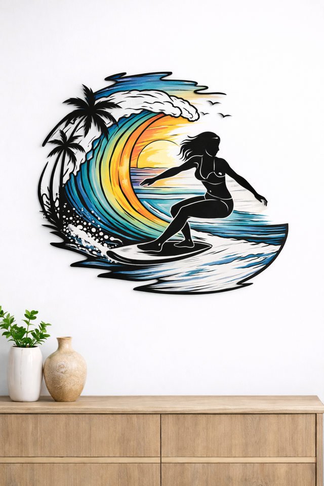 Female Surfer Metal Wall Art, Beach Sunset Silhouette, Color Accent Wave Decor, Surfboard Wall Hanging, Modern Coastal Wall Art, Gift for her Surfer