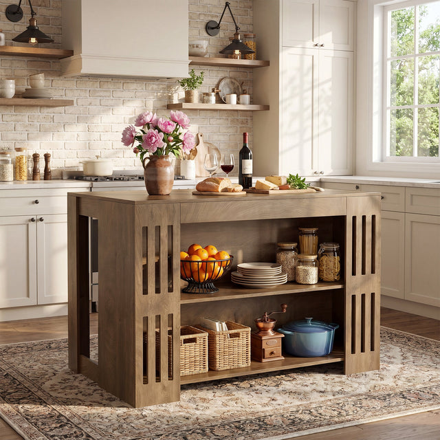 55 inch Kitchen Island 3-Tier Farmhouse Stationary Center Island Table Spacious Worktop