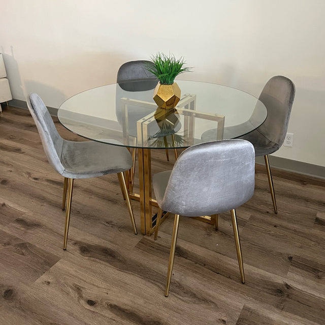 Pozbee Gray and Gold velvet kitchen chairs set of 4 with modern round glass table 47 inch oJackArt modern dining room furniture store in Culver City, Los Angeles