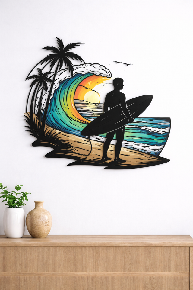 Surfer Metal Wall Art, Beach Sunset Silhouette, Color Accent Wave Decor, Surfboard Wall Hanging, Modern Coastal Wall Art, Gift for Surfer