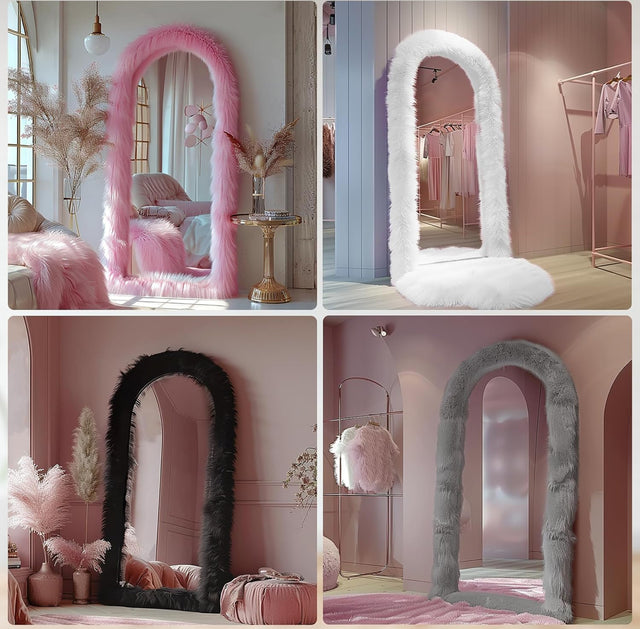 oJACKART Arched Full Body Mirror 63 x24 inch Standing Full Length Floor Mirror Faux Fur fabric black pink bedroom vanity mirror home decor items
