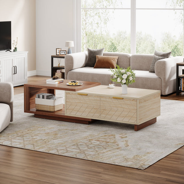 Extendable coffee table extended position showing open shelf